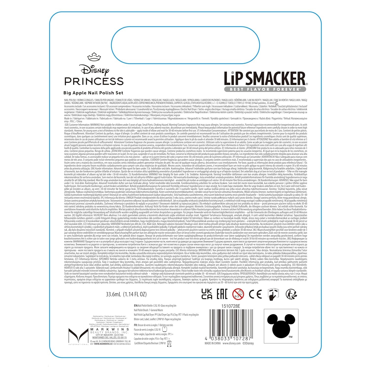 Set de ojă Lip Smacker Albă ca Zăpada Big Apple, set de ojă pentru copii cu 9 piese cu uscător de unghii electric, cadouri Disney Princess cu ojă pentru copii