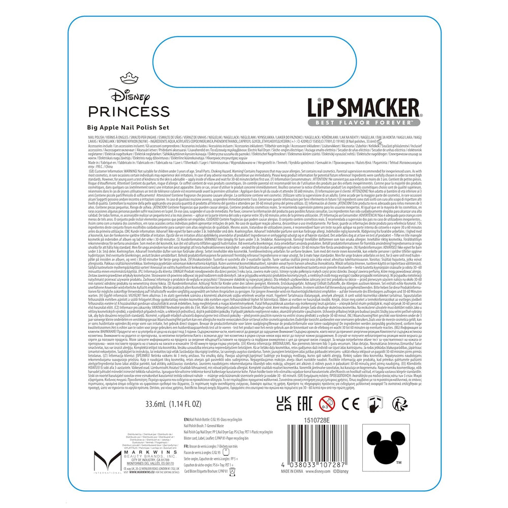 Set de ojă Lip Smacker Albă ca Zăpada Big Apple, set de ojă pentru copii cu 9 piese cu uscător de unghii electric, cadouri Disney Princess cu ojă pentru copii
