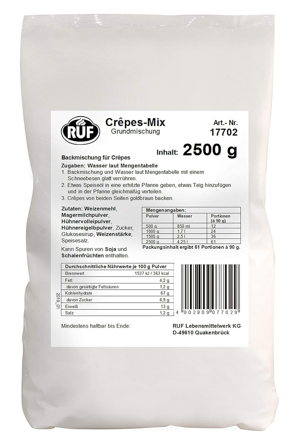 RUF Waffel-Mix, Großpackung, Grundmischung Zur Herstellung Von Waffeln Im Waffeleisen, Für Großküchen, Kantinen, Hotels Und Restaurants, 1 X 2500G Amestec pentru copt si gatit Naty Shop Crêpesteig Single