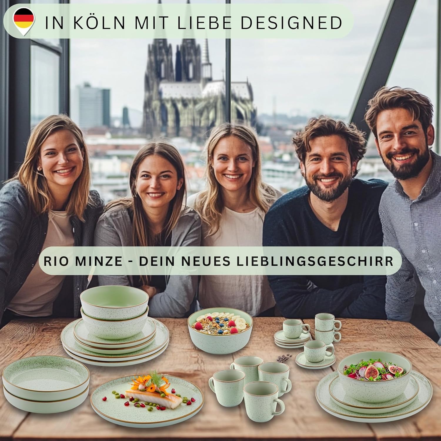 SÄNGER Rio Mint | Set de veselă din gresie pentru 6 persoane, 6 farfurii, 6 farfurii de desert, 6 boluri, verde mentă | COLECȚIA VALUE