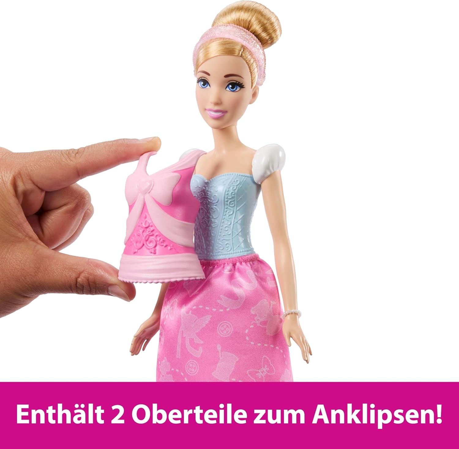 Mattel Disney-Princess-Spielzeuge, Cinderella-Modepuppe mit 2 Looks, 9 Accessoires, 2 Oberteile zum Anklipsen und 2 Röcke. 2-in-1-Geschichten inspiriert vom Disney-Film, JCR95