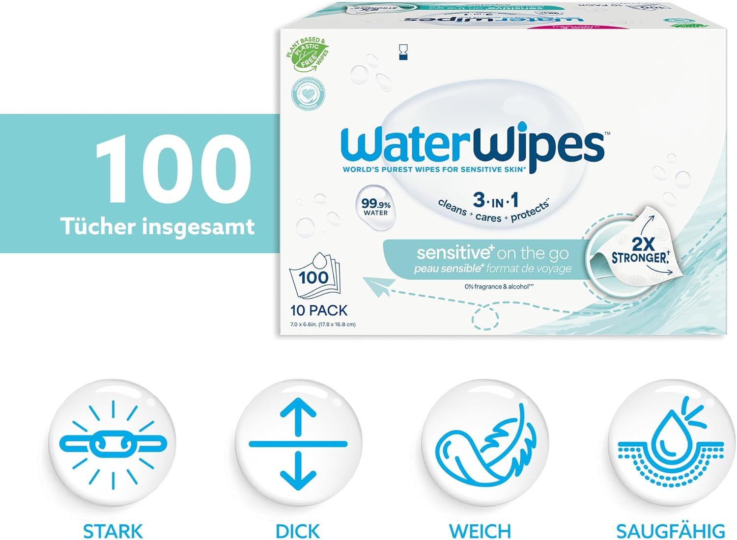 Șervețele umede WaterWipes Sensitive+ On The Go, 100 de șervețele (10 pachete), 3 în 1 curăță, îngrijește, protejează, 99,9% apă, șervețele fără parfum