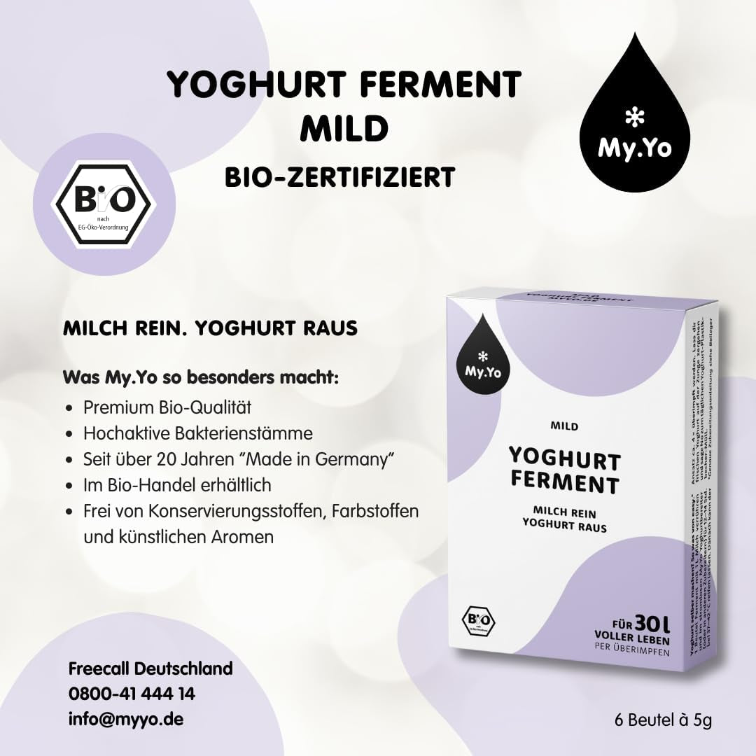 Bio Joghurtferment Mild | 6x5 gr | Joghurtkulturen für bis zu 30 L selbst gemachten milden Joghurt