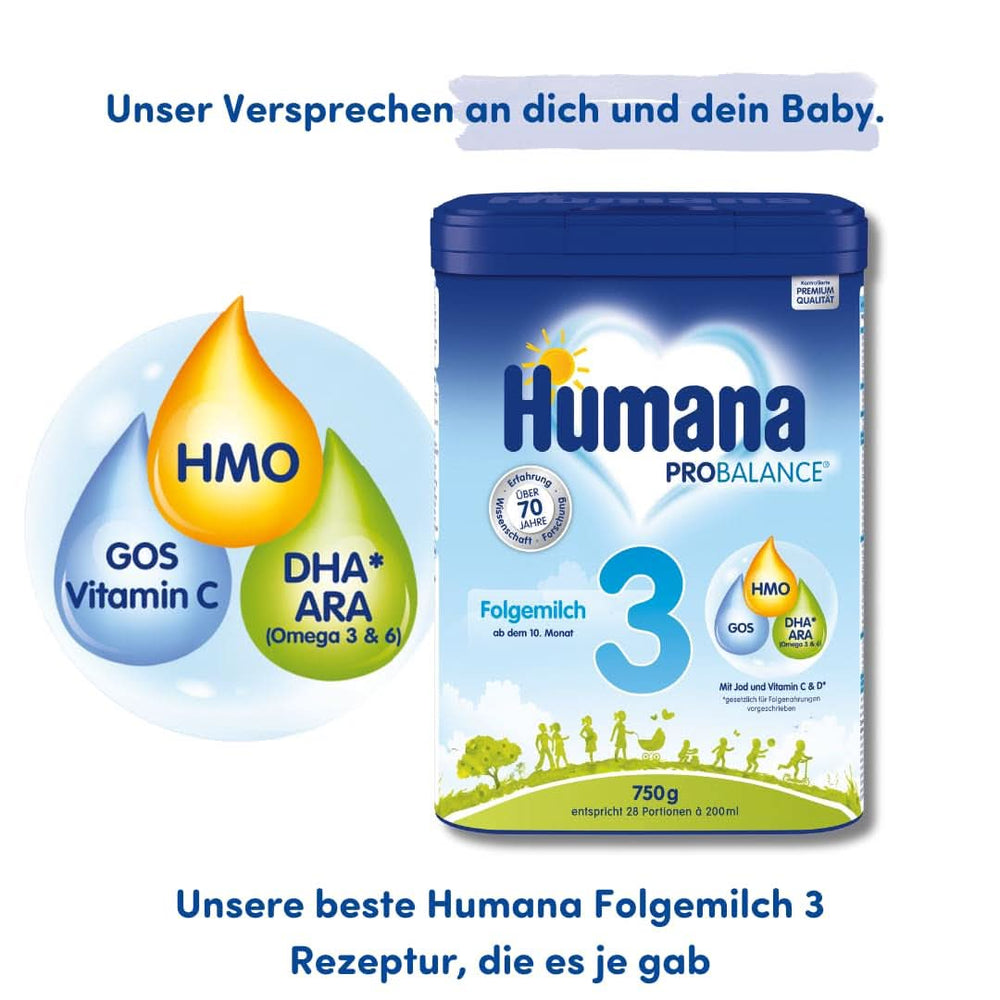 Humana PROBALANCE lapte de continuare 3, din luna a 10-a, hrana pentru bebelusi dupa alaptare, hrana initiala sau lapte de continuare 2, ideal pentru alimentatie suplimentara, 750 g Mama si Copilul Naty Shop