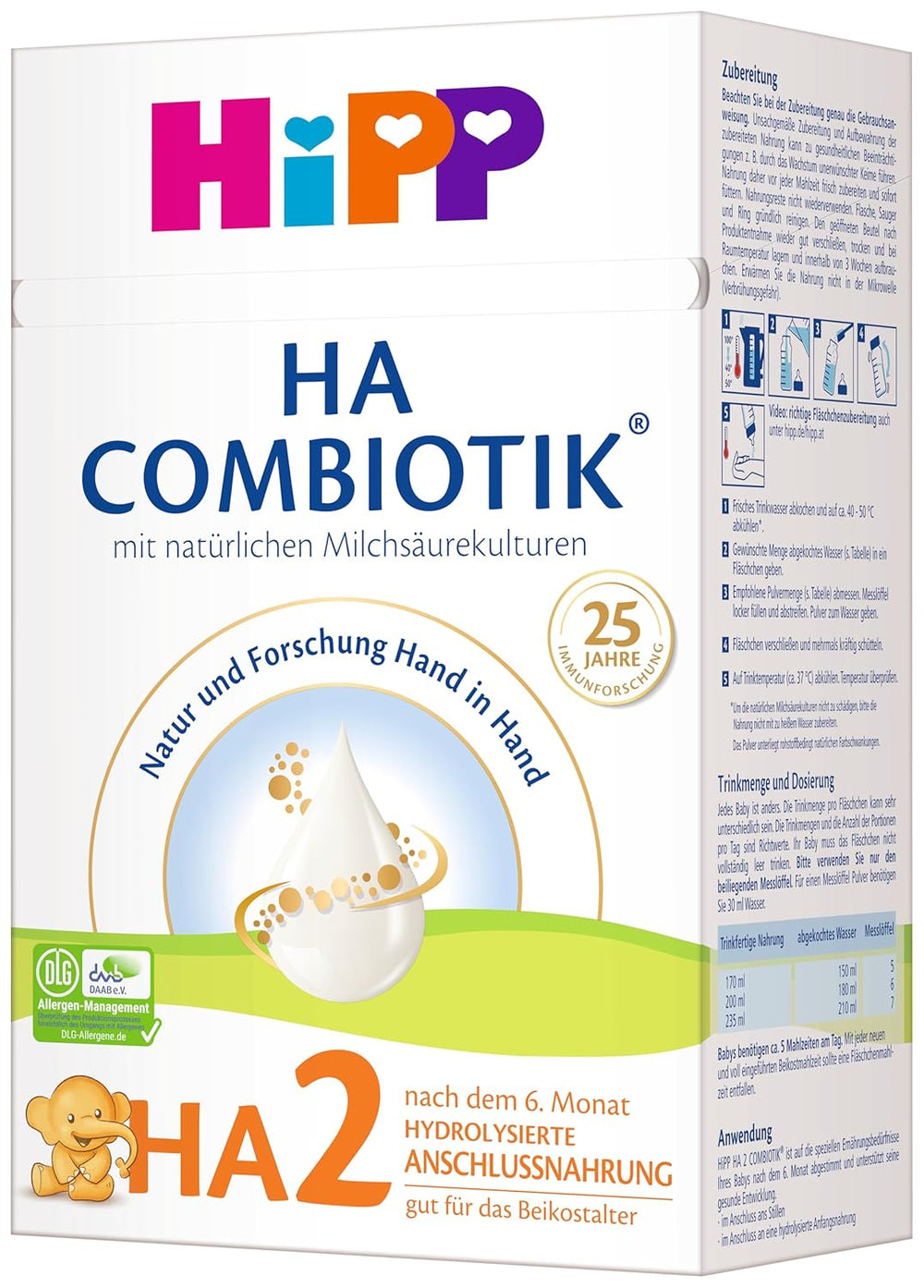 HiPP HA 2 Combiotik (4 x 600g) - Formulă de continuare după 6 luni, cu culturi naturale de acid lactic, fibre alimentare valoroase (GOS), Omega-3, proteine hidrolizate pentru sisteme imunitare sensibile