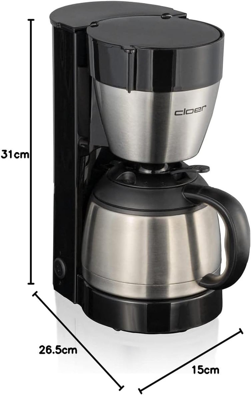 Espressor cu filtru Cloer 5009 cu funcție de menținere la cald, pentru până la 8 cești, 800 W, cu carafă izolată din oțel inoxidabil, cană filtrantă 1x4, negru