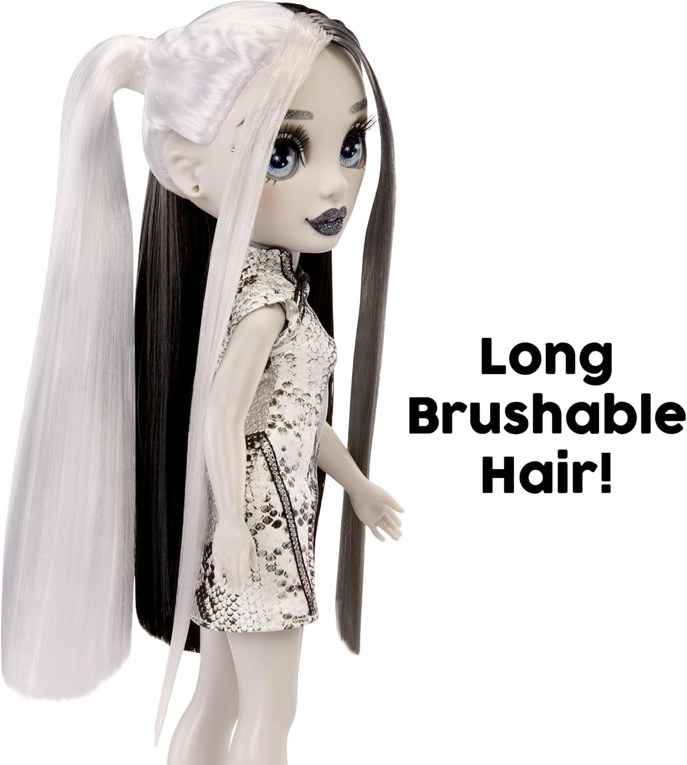 Păpușă Rainbow High Shadow High Heather Grayson - 28 cm în nuanțe de gri, păr și ținută alb-negru, geantă elegantă, cadou dulce pentru copii cu vârsta cuprinsă între 4 și 10 ani