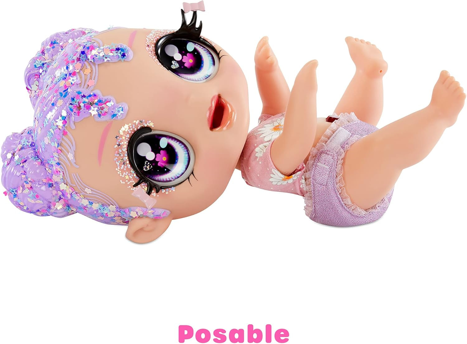 MGA Glitter Babyz - LILA WILDBLOOM - Babypuppe mit 3 magischen Farbwechseln durch eiskaltes Wasser - mit lila Glitzer-Haar, Wildblumen-Outfit, Windel, Flasche und Schnuller - Für Kinder ab 3 Jahren