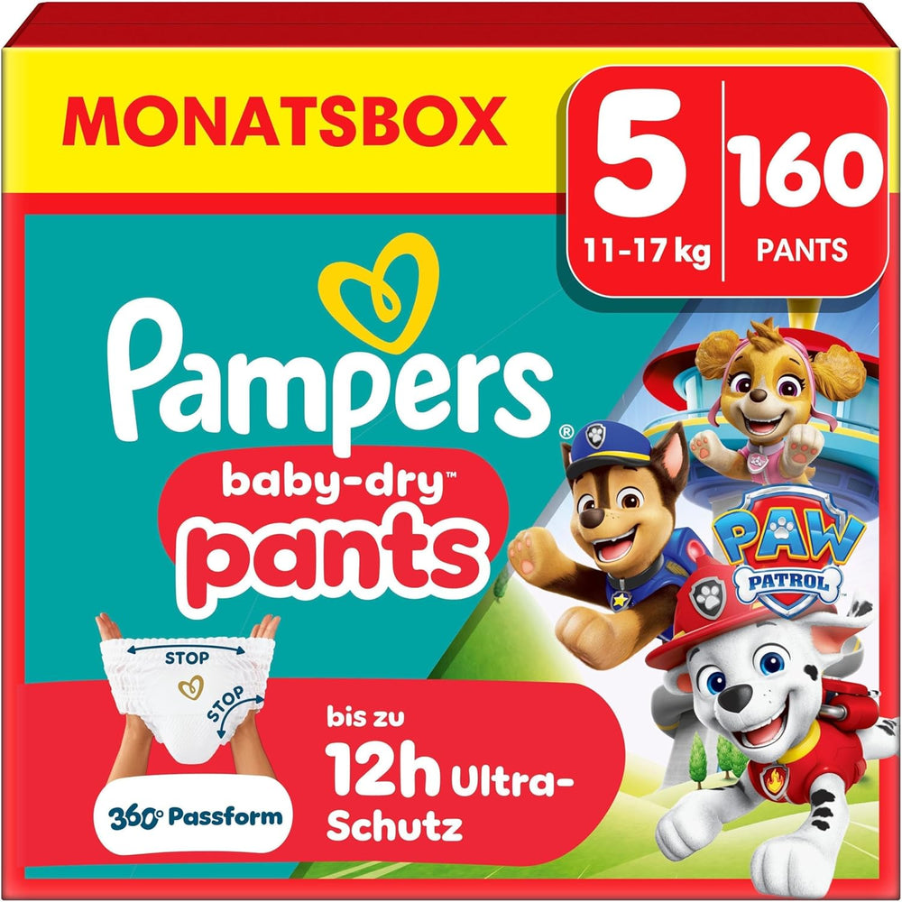 Scutece Pampers Baby-Dry Pants Ediția Patrula Cățelușilor, mărimea 5, 160 de scutece, 11 kg - 17 kg, ajustare la 360° cu sistem de oprire și protecție