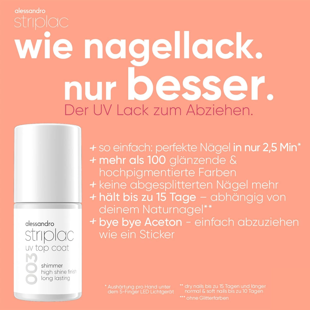 alessandro Striplac UV Top Coat Shimmer - Unghii strălucitoare, rezistente la zgârieturi, până la 15 zile - Poate fi folosit cu sau fără colorant - Tehnologie delicată de îndepărtare - Vegan - Argintiu, Transparent, 6,5 ml