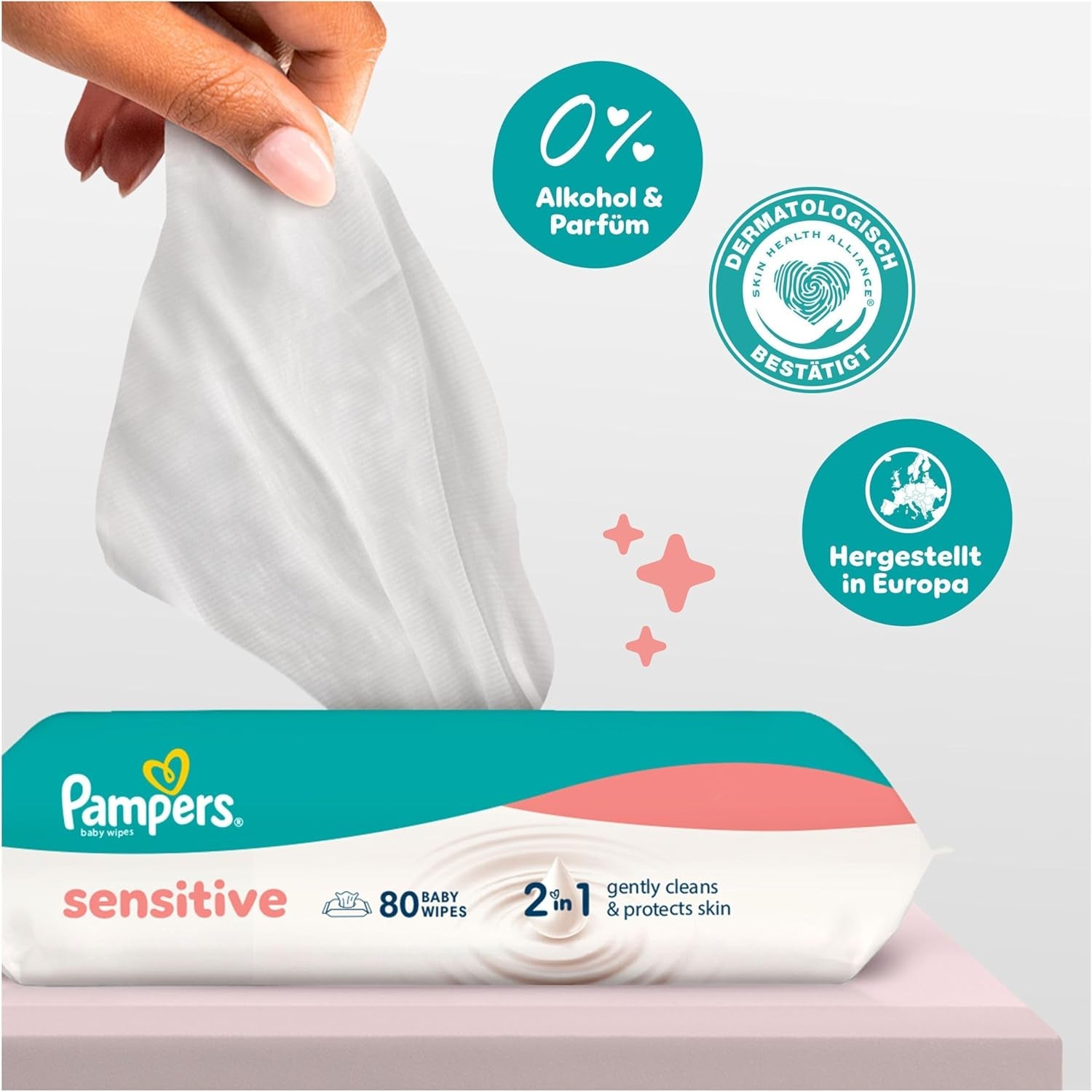 Șervețele umede Pampers Sensitive pentru bebeluși, 15 pachete a câte 80 de șervețele, 1200 de șervețele umede pentru bebeluși, curățare delicată 2 în 1 și protecție a pielii