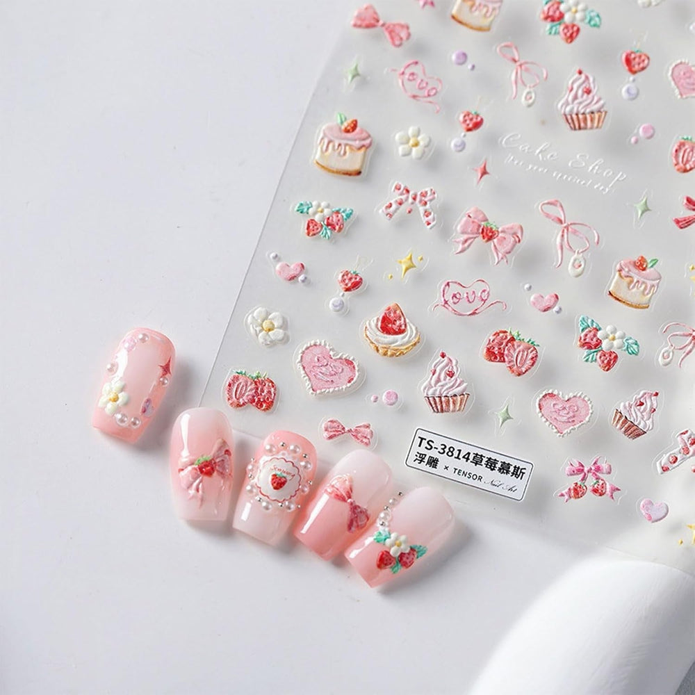 JMEOWIO 3D Nagelsticker Rosa Nail Art Sticker Selbstklebend Nagelaufkleber 5D Stereoskopisch Kuchen Erdbeerschleife Dekoration Nageldesign Zubehör 1 Blatt
