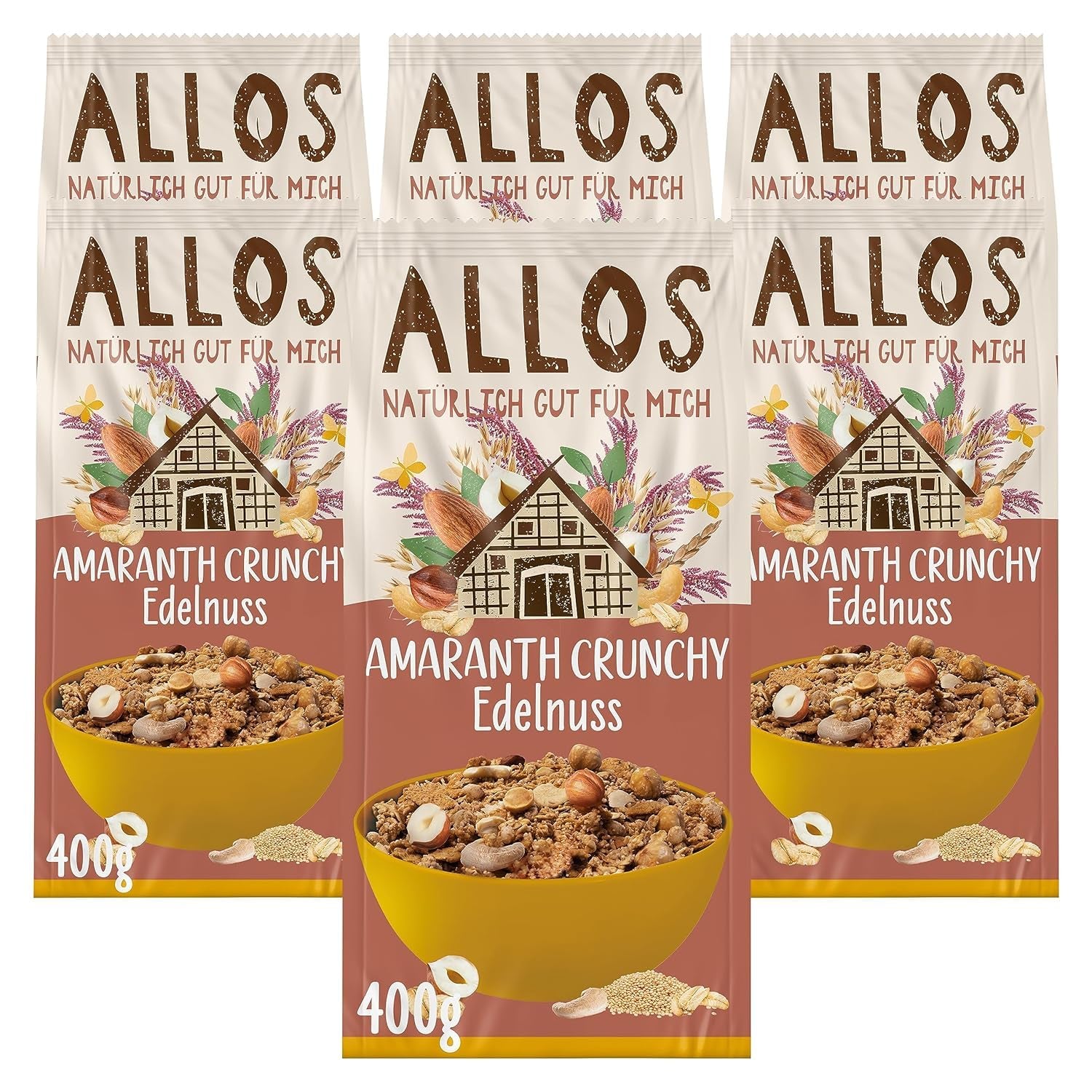 Muesli crocant premium cu nuci și amarant Allos | Muesli organic | Muesli cu nuci | Fulgi de ovăz | Cereale pentru micul dejun | Vegan | Pachet de 6 (6 x 400g)