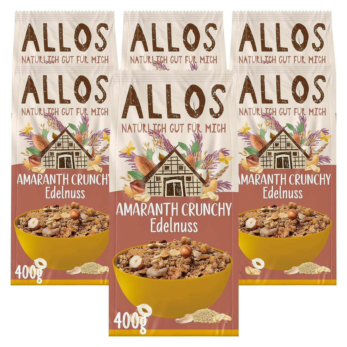 Muesli crocant premium cu nuci și amarant Allos | Muesli organic | Muesli cu nuci | Fulgi de ovăz | Cereale pentru micul dejun | Vegan | Pachet de 6 (6 x 400g)