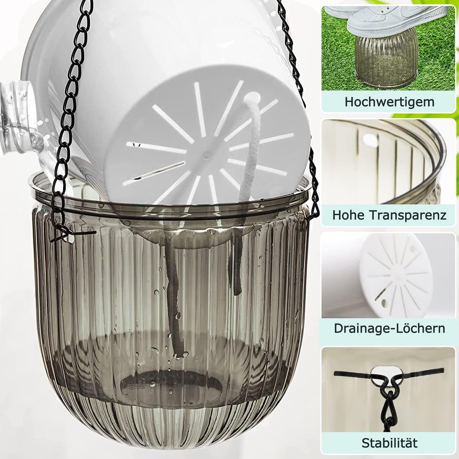 Set de 2 jardiniere suspendate cu auto-udare, ghivece de flori suspendate de interior de 16,5 cm cu 3 cârlige și găuri de drenaj pentru utilizare în interior și exterior, tavane, balcoane și decorațiuni de perete (gri)