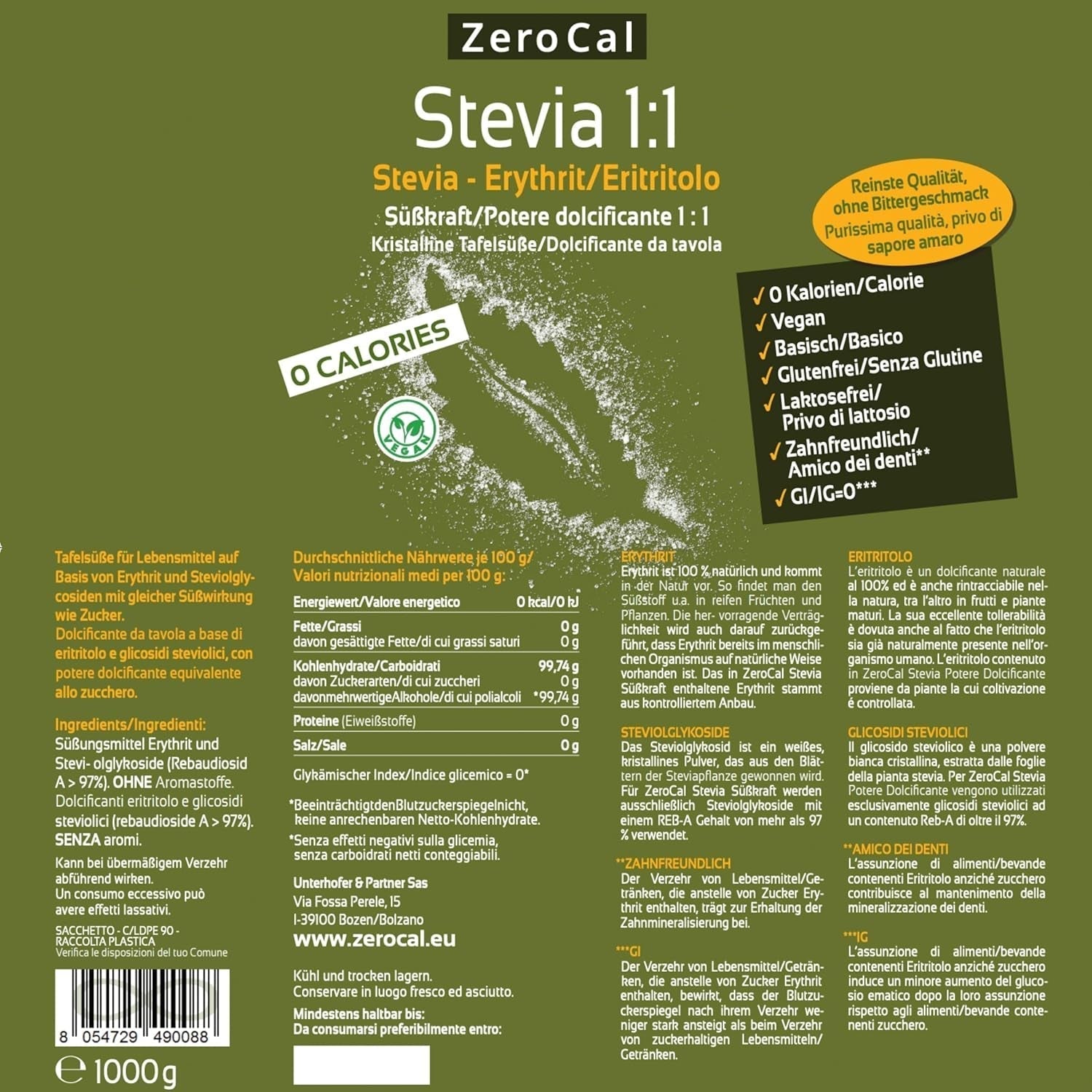 Stevia 1:1 (Erythrit - Stevia) - Natürlicher Zuckerersatzstoff, 1000 G Indulcitori Naty Shop