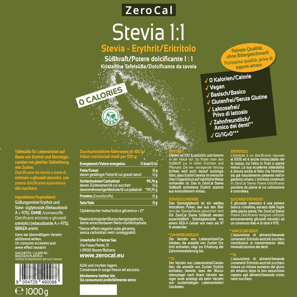 Stevia 1:1 (Erythrit - Stevia) - Natürlicher Zuckerersatzstoff, 1000 G Indulcitori Naty Shop