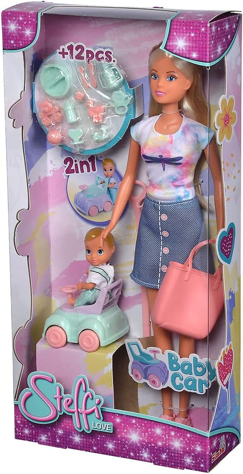 Simba 105733585 - Steffi Love Baby Car, Ankleidepuppe mit Kind, Laufauto, 2-in-1 Funktion, mit Handtasche und Babyzubehör, 12 Teile, 29cm Puppe, ab 3 Jahren