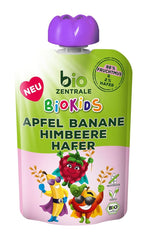 Biozentrale Biokids piure de fructe mere banane zmeură ovăz | 12X90G | Gustare cu fructe fără zahăr adăugat | Vegan Mama si Copilul Naty Shop