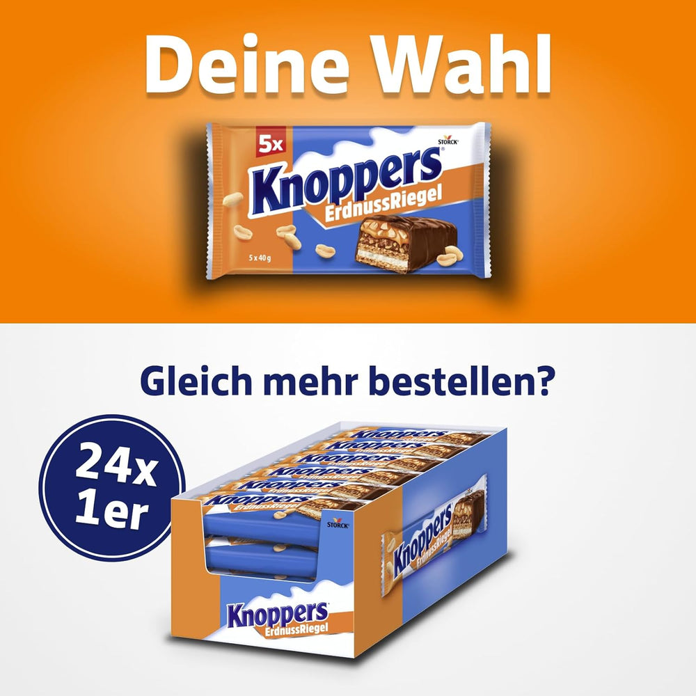 Knoppers Peanut Bar – 1 x 200 g (5 batoane) – Baton de ciocolată cu lapte și cremă de arahide, arahide sărate tocate, caramel și ciocolată cu lapte