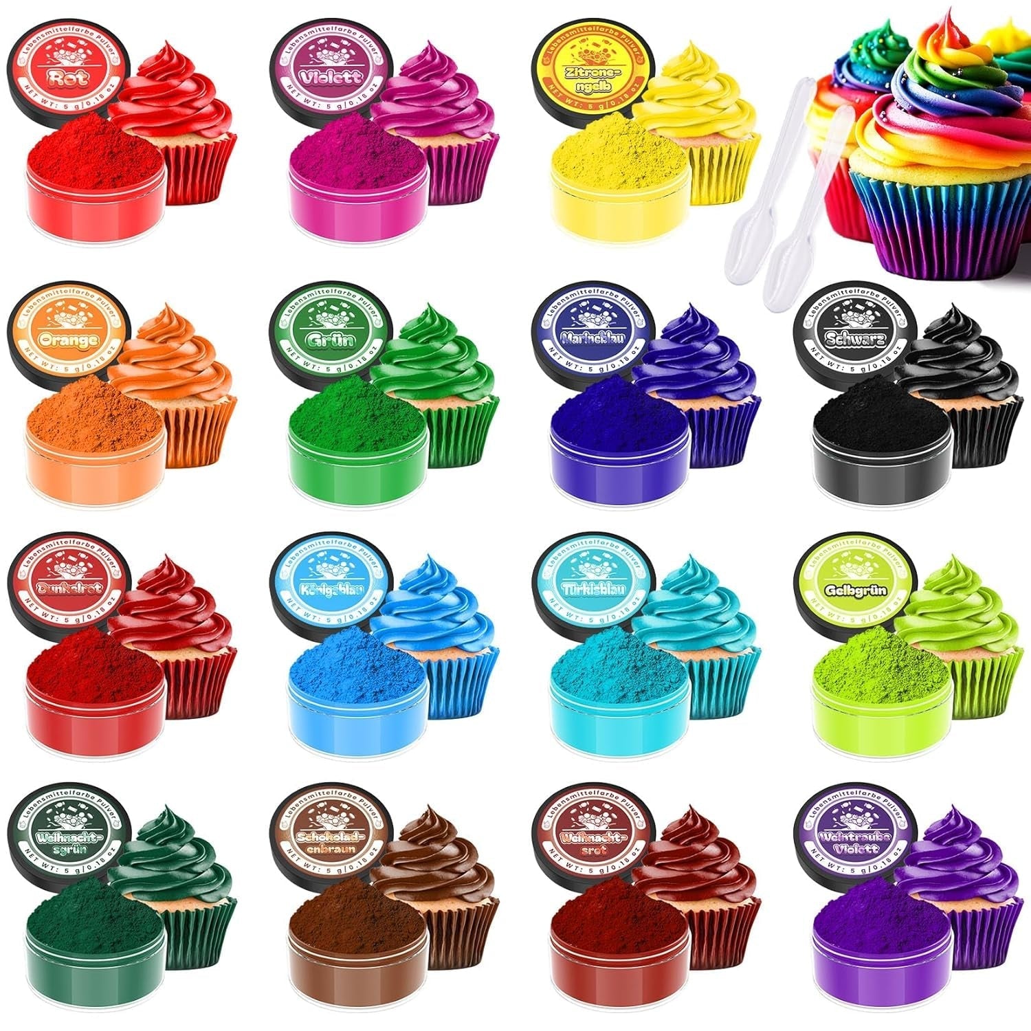 Colorant alimentar pudră – Set de 15 x 5g coloranți alimentari vibranți, coloranți alimentari foarte concentrați pentru decorarea prăjiturilor, macaroanelor, cremei de unt, gogoșilor, coptului, slime-ului – Vegan, sigur