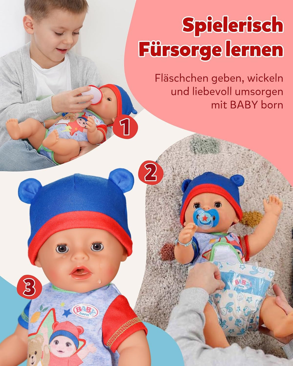 BABY Born Jonas - păpușă bebeluș 43 cm - 10 funcții, inclusiv accesorii și saltea - Funcționează complet fără baterii - Potrivit pentru copii cu vârsta de 3 ani și peste