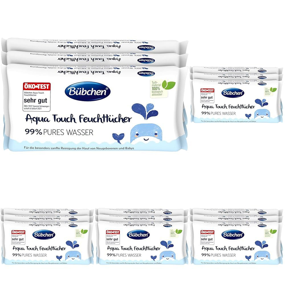 Șervețele umede Bübchen Aqua Touch pentru bebeluși, 144 bucăți (3 x 48) – șervețele pentru îngrijirea pielii sensibile cu 99% apă pură, șervețele umede pentru nou-născuți și bebeluși