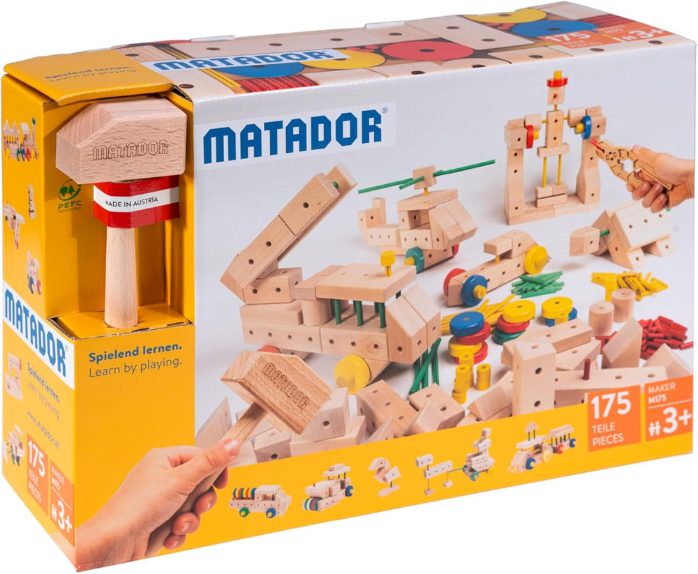 Matador Kinder Baukasten ab 3 Jahren 34-tlg. - Spannendes Holz Konstruktionsspielzeug zur Schulung von Kreativität und Feinmotorik, Bauspielzeug mit Stäbchen, Klötzen, Hammer & Zange