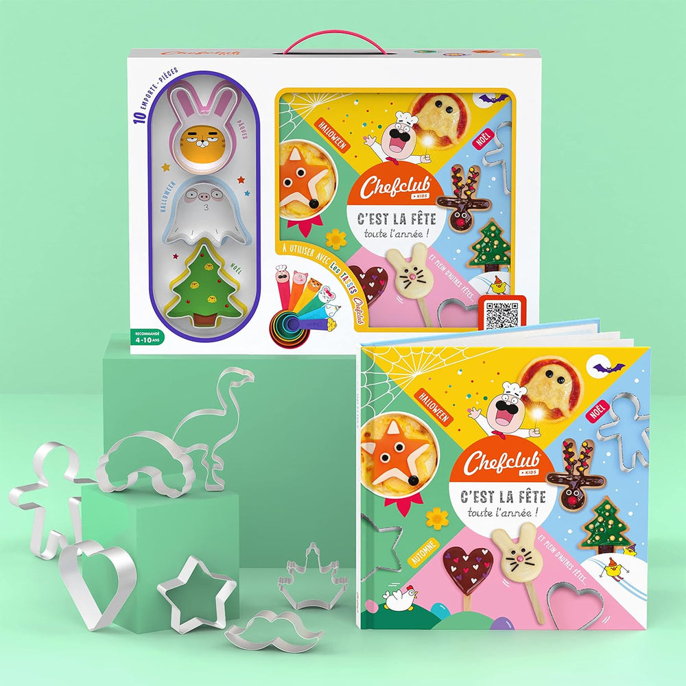 Chefclub Kids – Set de gătit pentru copii cu 10 forme de biscuiți și carte de rețete – Teme: Sărbători și ocazii speciale – Activitate jucăușă și creativă pentru familie – Vârste 4 ani și peste