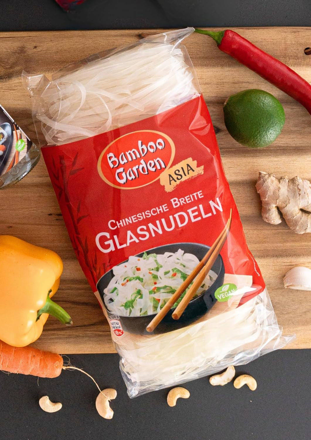 Tăiței chinezești lați din sticlă, 250 g (designul ambalajului poate varia)