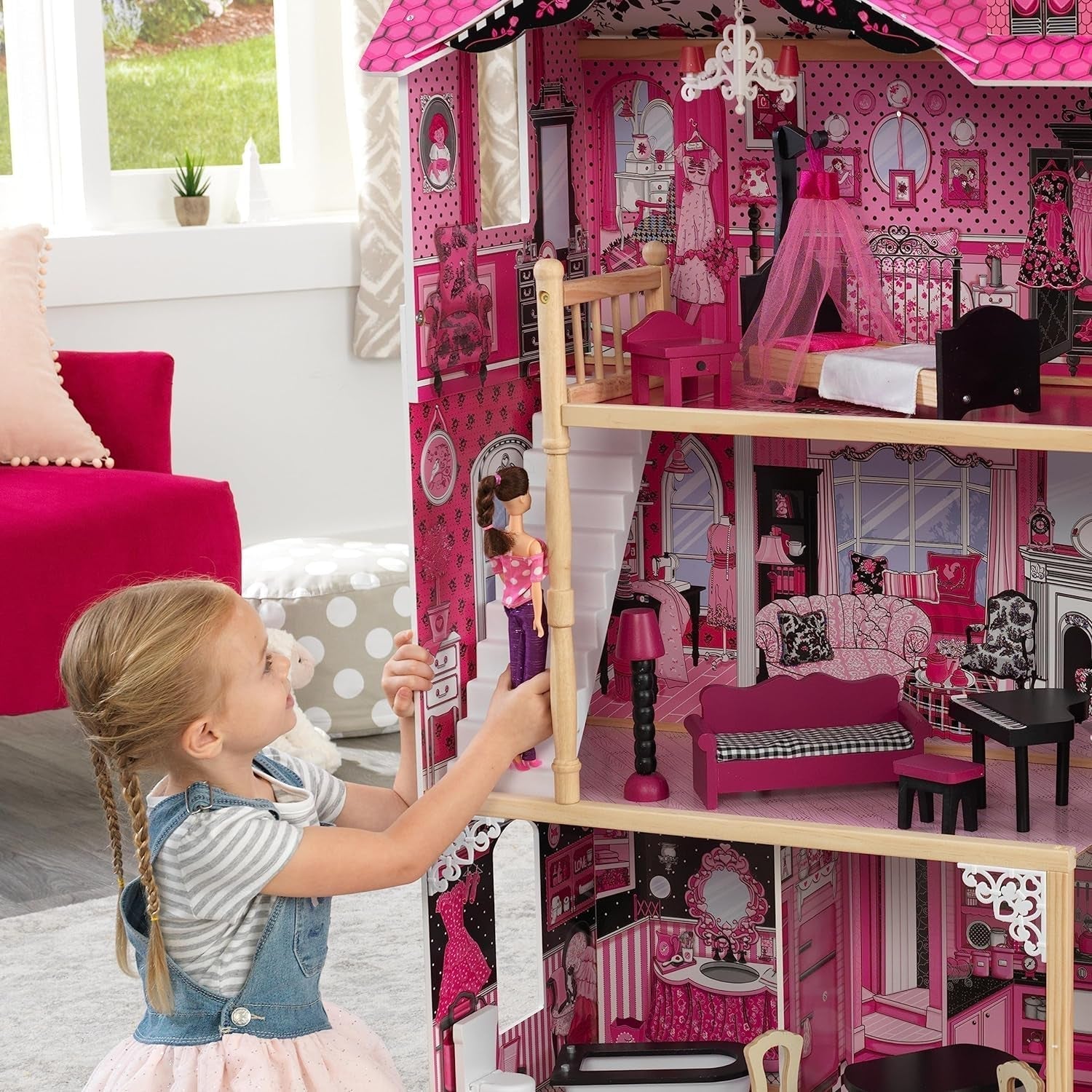 Casă de păpuși din lemn Kidkraft Amelia cu mobilier și accesorii, set de joacă cu balcon și lift pentru păpuși de 30 cm, jucărie pentru copii de la 3 ani, 65093 Casute de papusi Naty Shop