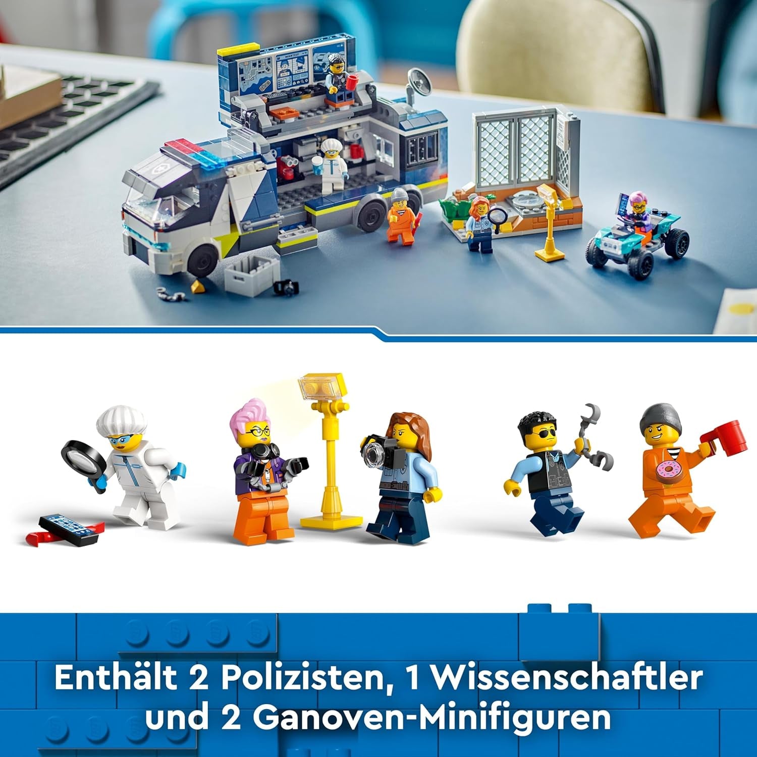 Camion de poliție LEGO City cu laborator, set de poliție cu quad și camion de jucărie pentru copii, cadou pentru băieți și fete de la 7 ani, plus 5 minifigurine - 2 polițiști, 1 om de știință și 2 escroci 60418 Seturi de constructie Besuche den LEGO-Store
