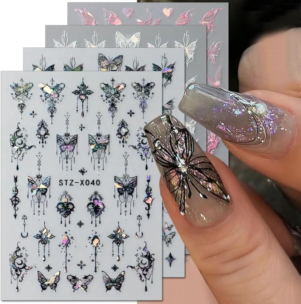 3D Metallic Schwarz Schmetterling Nagelsticker - Laser Pink Aurora Nagelaufkleber - Punk Butterfly Nail Art Stickers - Silver Nail Sticker - Nageldesign Zubehör