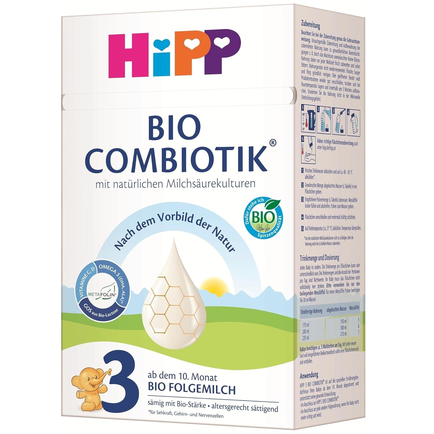 HiPP 3 Organic Combiotik (4 x 600g), lapte de continuare de la 10 luni, cu culturi naturale de acid lactic, vitaminele C și D, GOS, Omega-3 (DHA, ALA), de cea mai bună calitate organică
