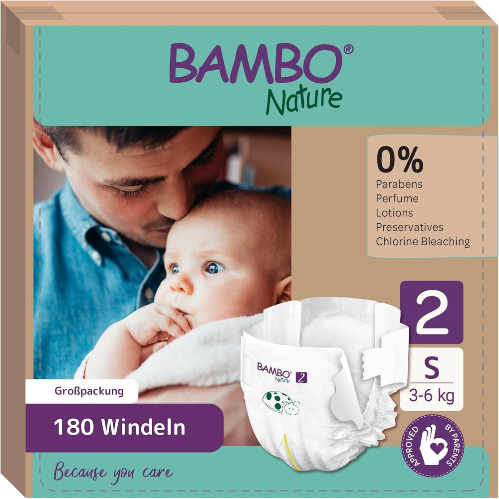 Scutece Bambo Nature pentru bebeluși, mărimea 1 (2-4 kg), cutie lunară de 132 bucăți | Scutece premium cu protecție îmbunătățită împotriva scurgerilor | Confort și libertate supreme pentru nou-născuți | Scutece testate dermatologic