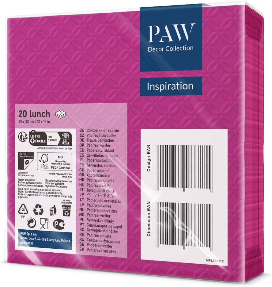 PAW - Șervețele gofrate 3 straturi (33 X 33 Cm) I 20 bucăți I Perfect pentru zile de naștere, petreceri, nunți, comuniuni, sărbători I Decorațiuni de masă Șervețele din hârtie texturată I Inspirație modernă (Hortensia)