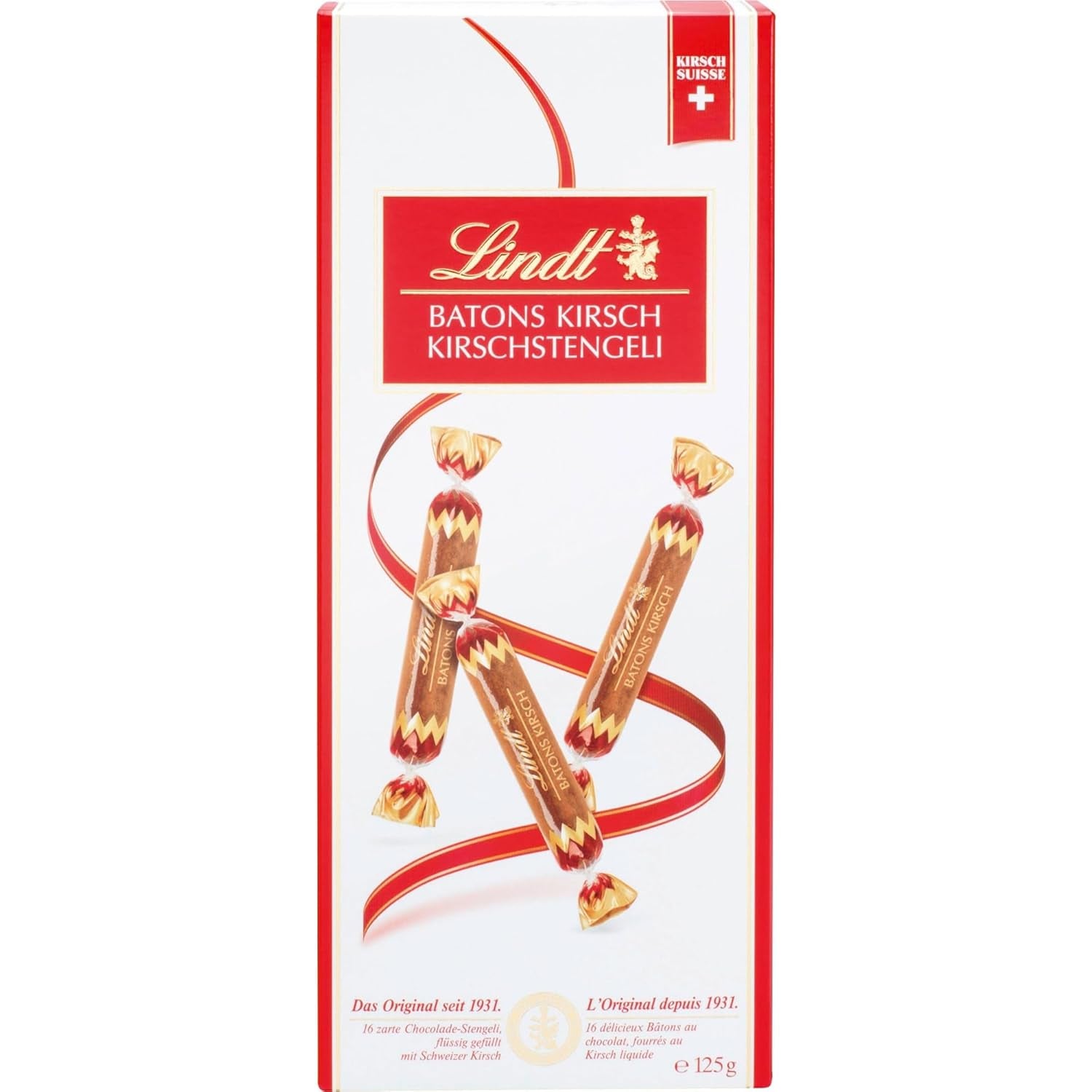 Bastoane de ciocolată Lindt cu tulpini de cireșe | 250 g | 32 de batoane de ciocolată cu lapte umplute cu lichior lichid de cireșe elvețiene | Cadou de ciocolată cu alcool | Cadou de ciocolată