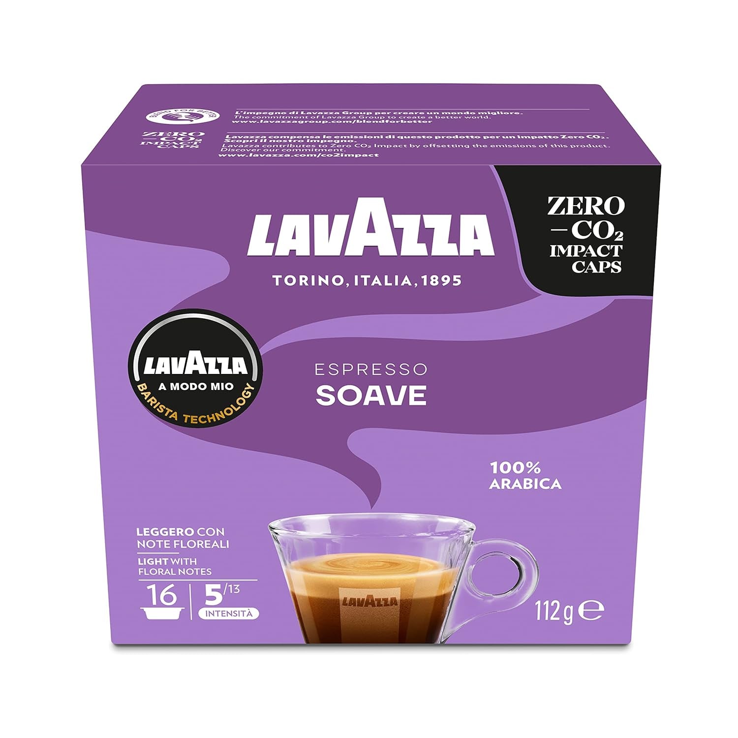 Lavazza, A Modo Mio Soave 256 Kaffeekapseln, für einen leichten und eleganten Espresso mit aromatischen Noten von Blumen, 100% Arabica, Intensität 5/13, mittlere Röstung, 16 Packungen mit je 16