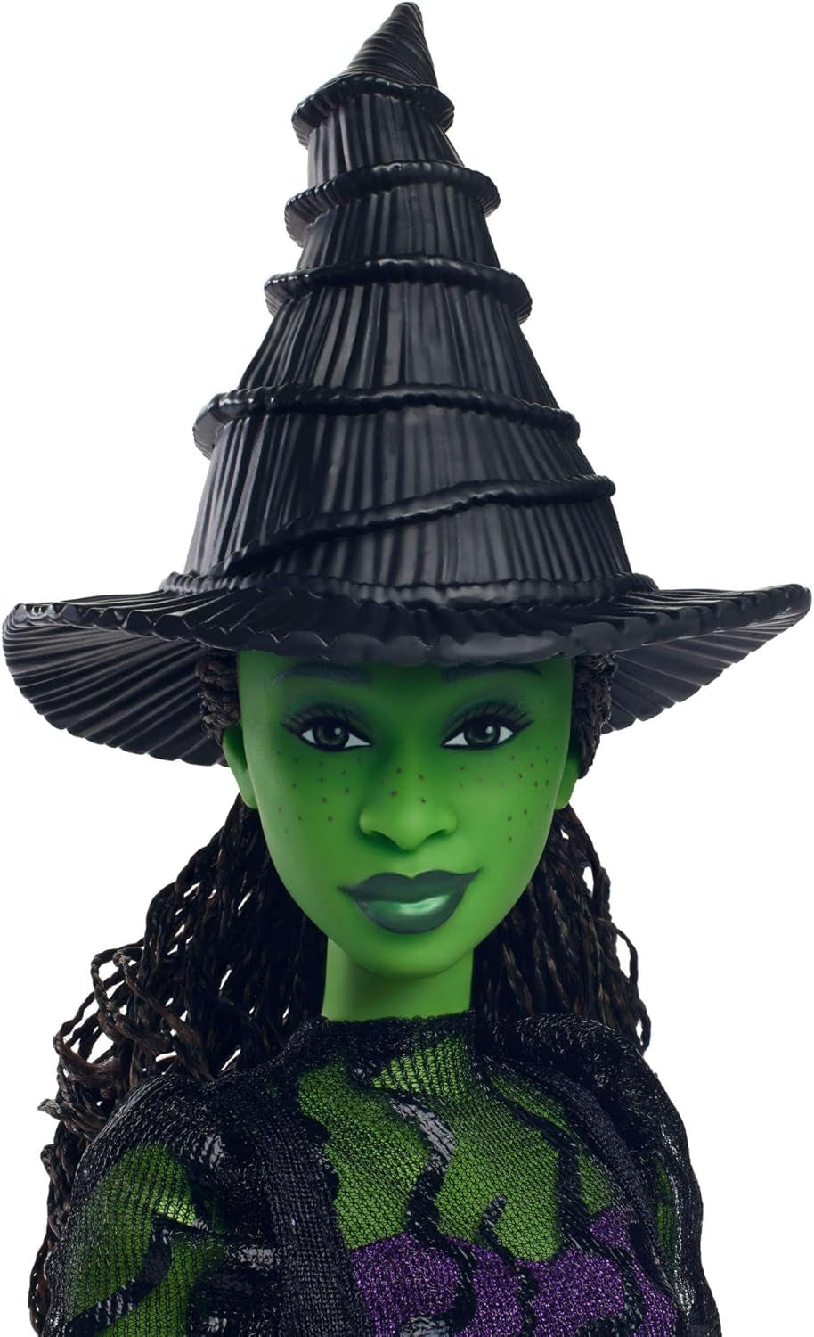 ​Mattel Wicked Elphaba-Modepuppe und Accessoires mit grüner Haut, geflochtenen schwarzen Haaren, verschiedene Posen möglich und ausziehbarer Ballkleid-Look, HXT62, [Mehrfarbig]