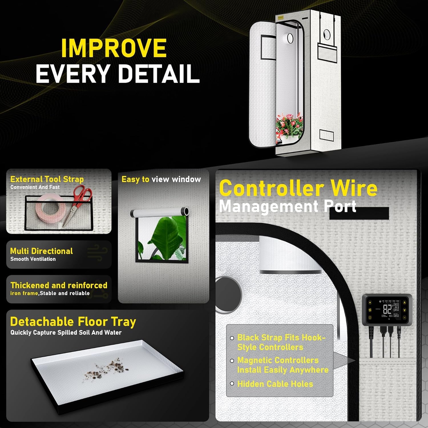 Cort de creștere 60x60x180cm, material Oxford 600D cu folie reflectorizantă de poliester, tuburi de oțel de 22 mm, orificii de ventilație și ferestre de vizualizare, corturi de creștere pentru hidroponie, sere și grădini interioare