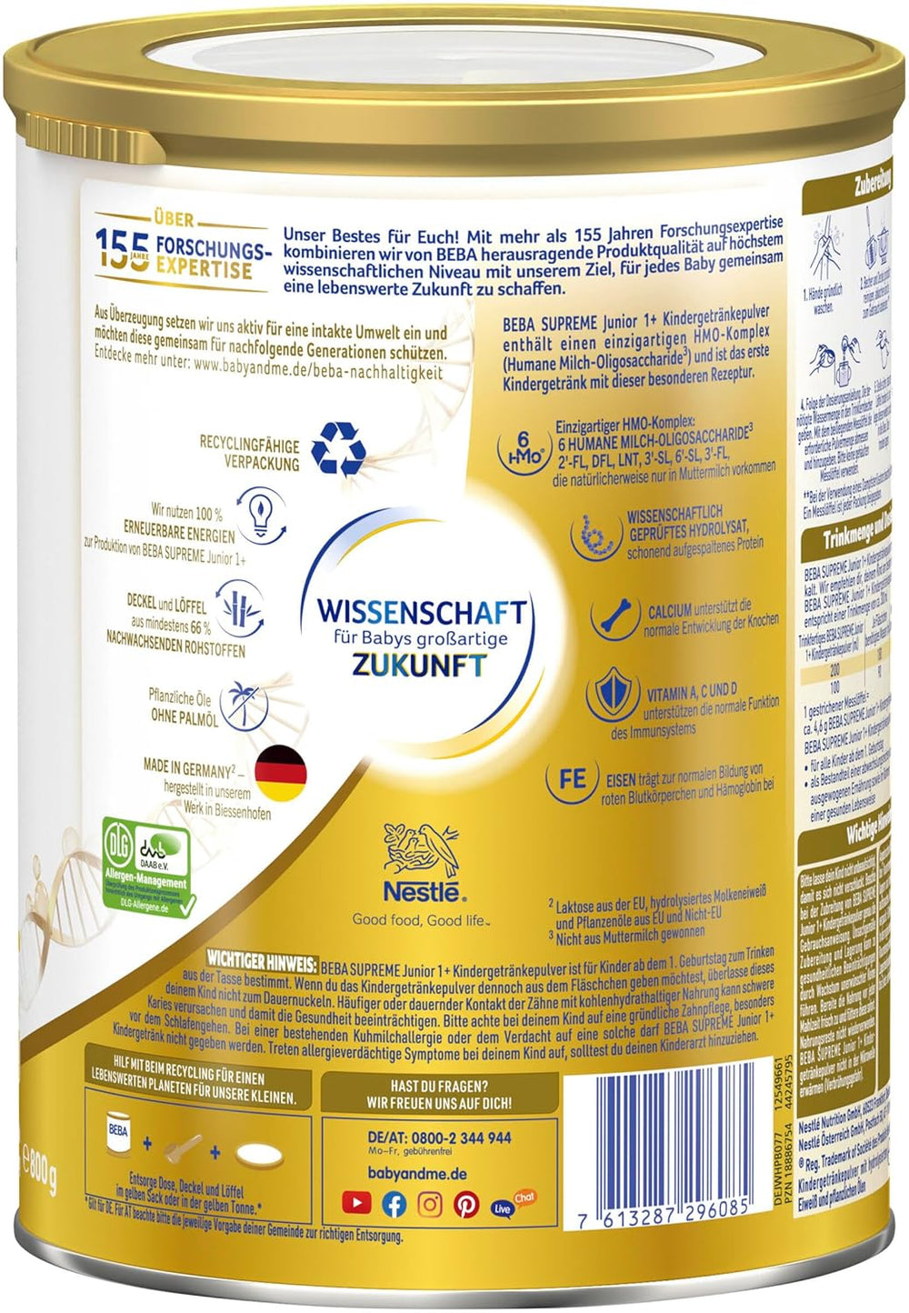 BEBA SUPREME JUNIOR 1 Plus - Băutură pentru copii de la 1 an, cu complex 6 HMO, fără lactoză, fără ulei de palmier, fără ulei de pește, hrană pentru copii mici, lapte praf pentru bebeluși, pachet de 6 (6 x 800g)