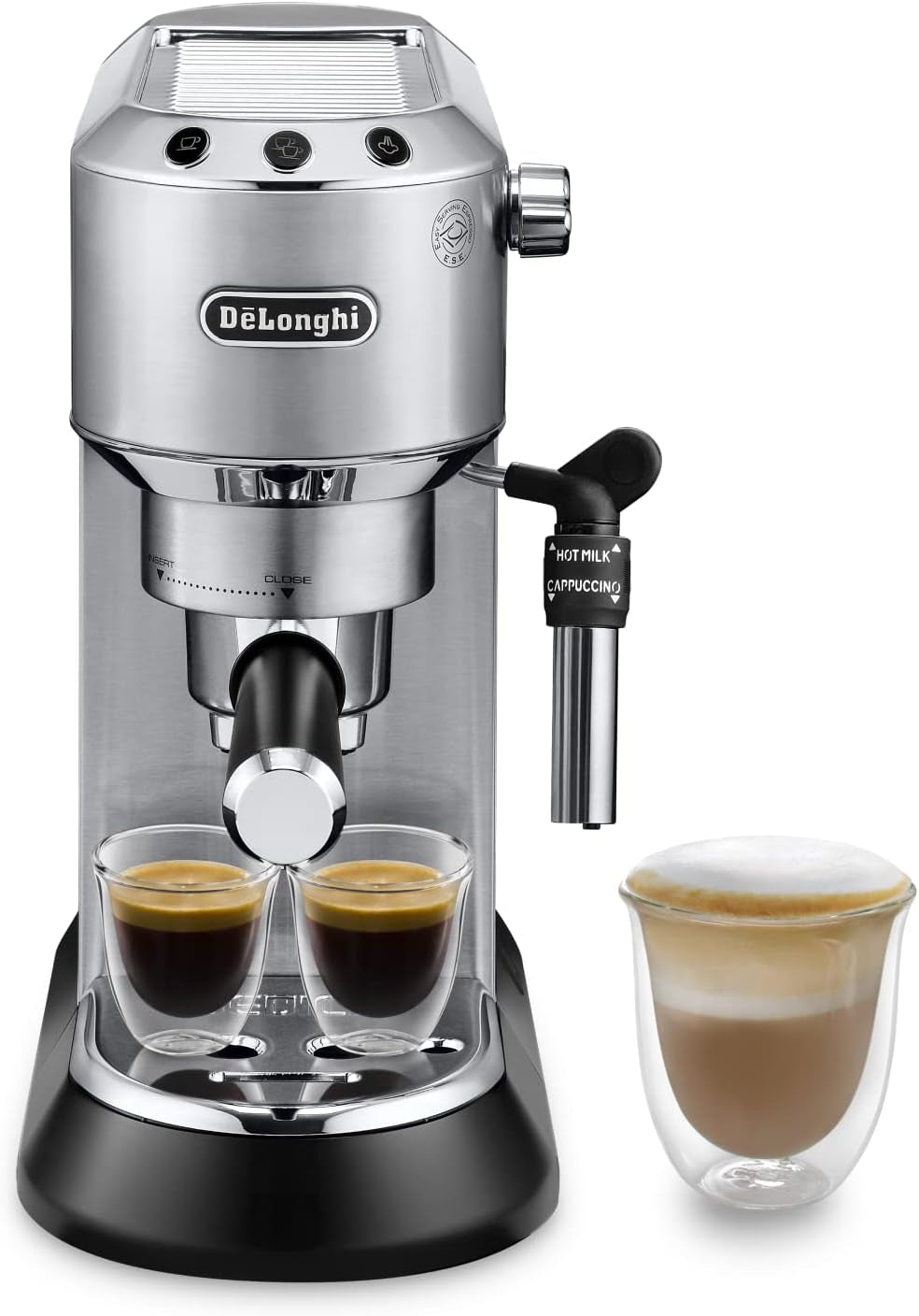 De'Longhi Dedica Style EC 685.B – Espressor cu portafiltru, espressor cu spumator de lapte profesional, doar 15 cm lățime, pentru cafea măcinată sau capsule ESE, rezervor de apă de 1 l, negru