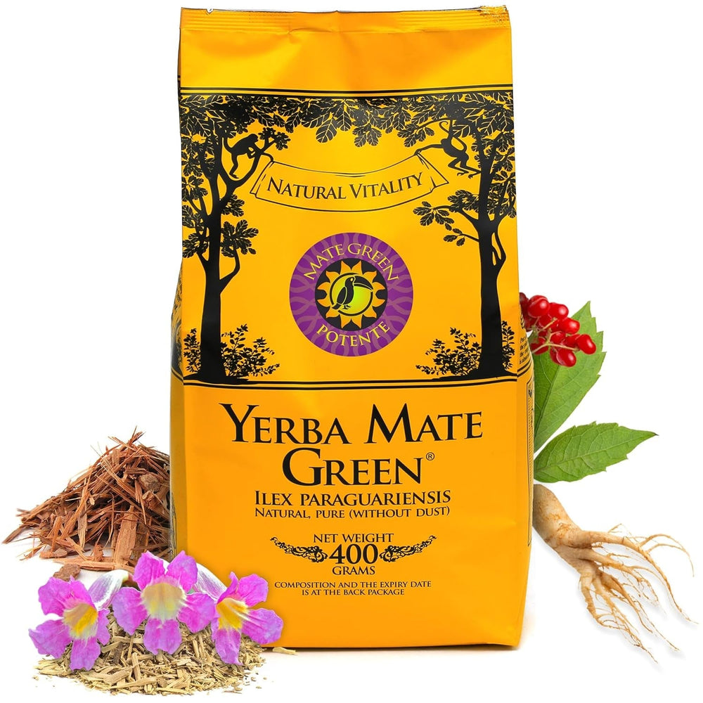 Yerba  „Potente” 400 G | Ceai Mate brazilian cu scoarță de Catuaba, rădăcină de ginseng siberian, scoarță de Lapacho și Muira Puama | Ingrediente naturale | Frunze verzi de Mate