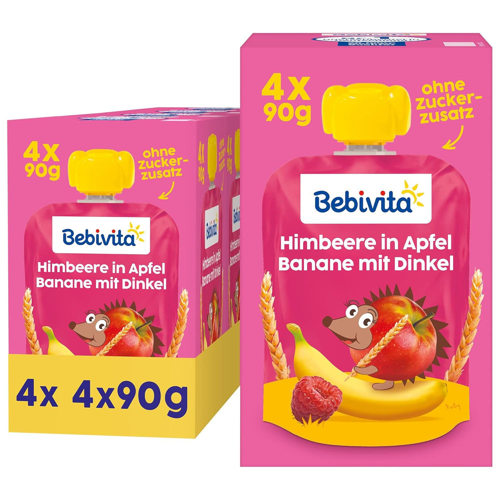 Pliculețe stoarcibile cu fructe, zmeură, măr, banană și speltă – 16 bucăți (pachet de 4, 4 x 90 g fiecare), fără zahăr adăugat, făcute din fructe blânde și cereale valoroase, ideale pentru gustări la pachet și pentru consumul independent