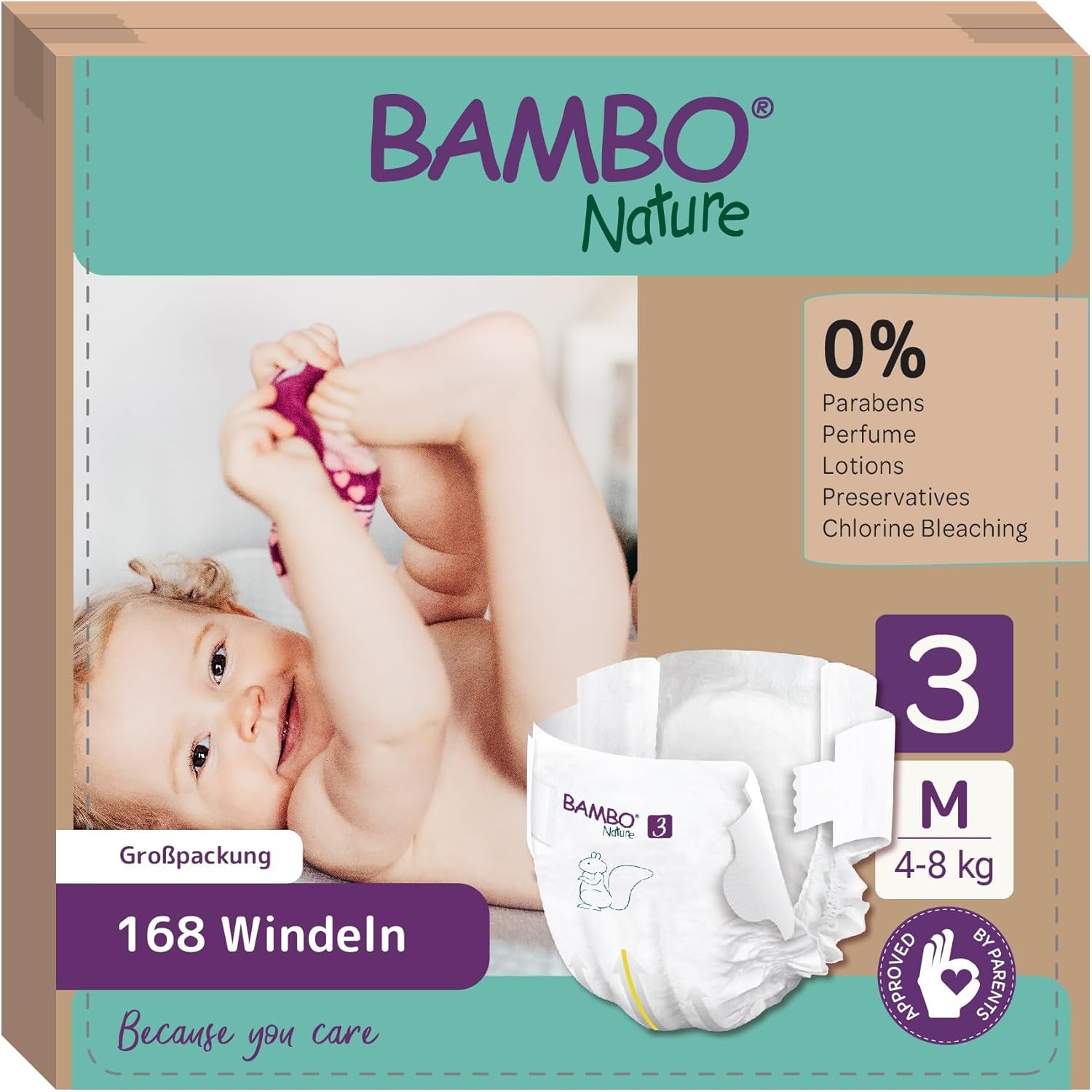 Scutece Bambo Nature pentru bebeluși, mărimea 1 (2-4 kg), cutie lunară de 132 bucăți | Scutece premium cu protecție îmbunătățită împotriva scurgerilor | Confort și libertate supreme pentru nou-născuți | Scutece testate dermatologic
