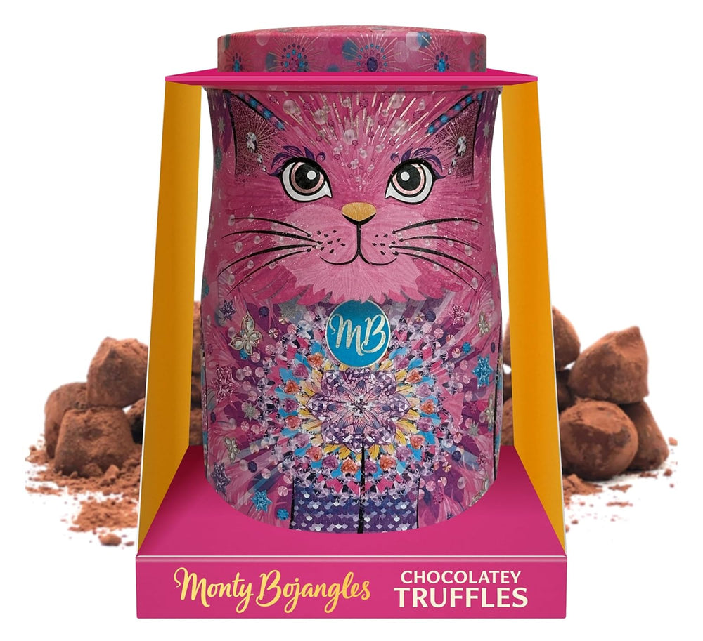 Trufe de ciocolată Monty Bojangles Savanna Gold (135g) pudrate cu cacao, praline, set cadou într-o cutie individuală de colecție cu design de pisică, aromă de scotch Flutter