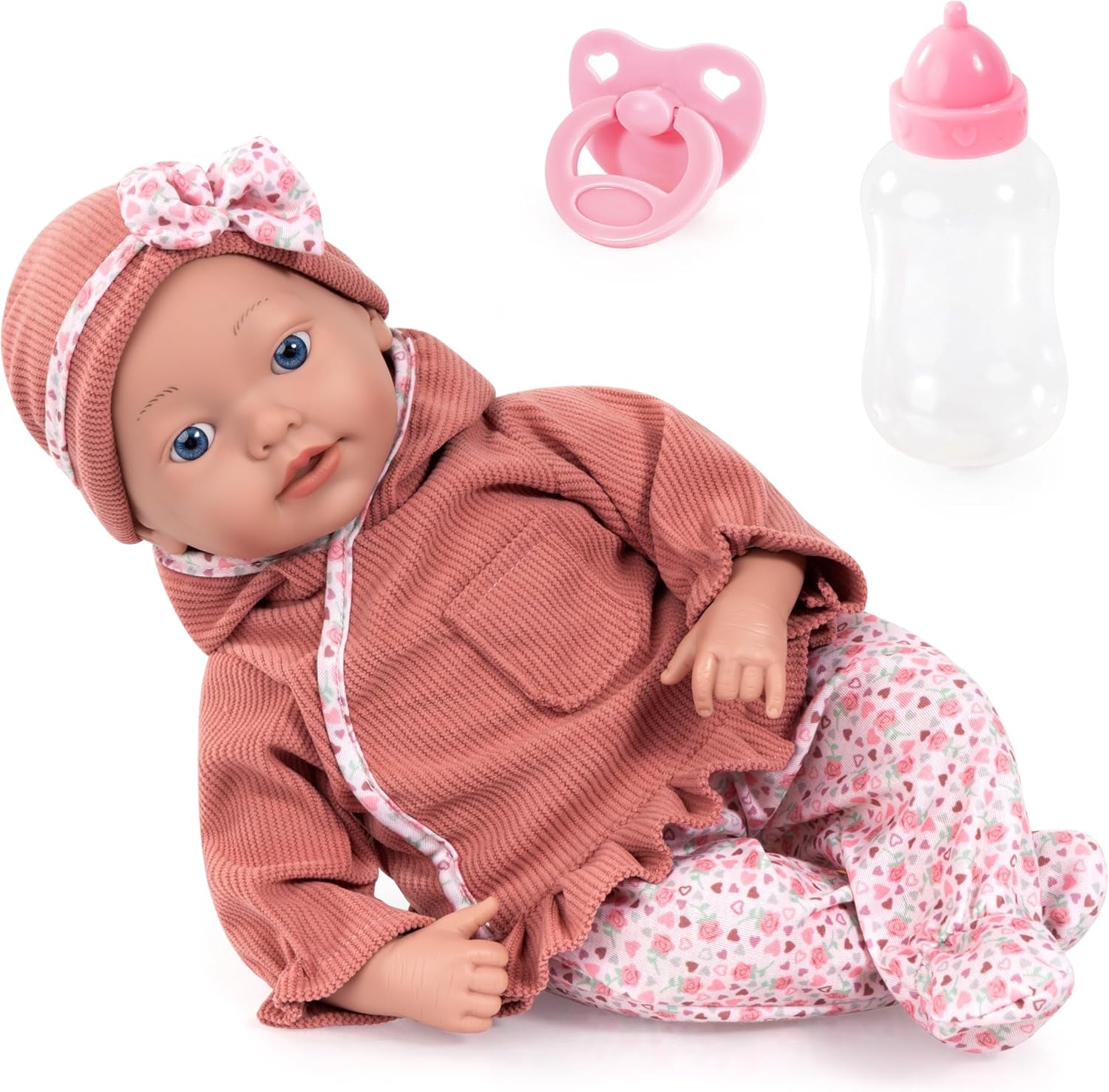 Bayer Design 93827AE Reborn Babypuppe, lebensecht, realistisch, Schnuller, Flasche, 38 cm, Weiß, Rosa