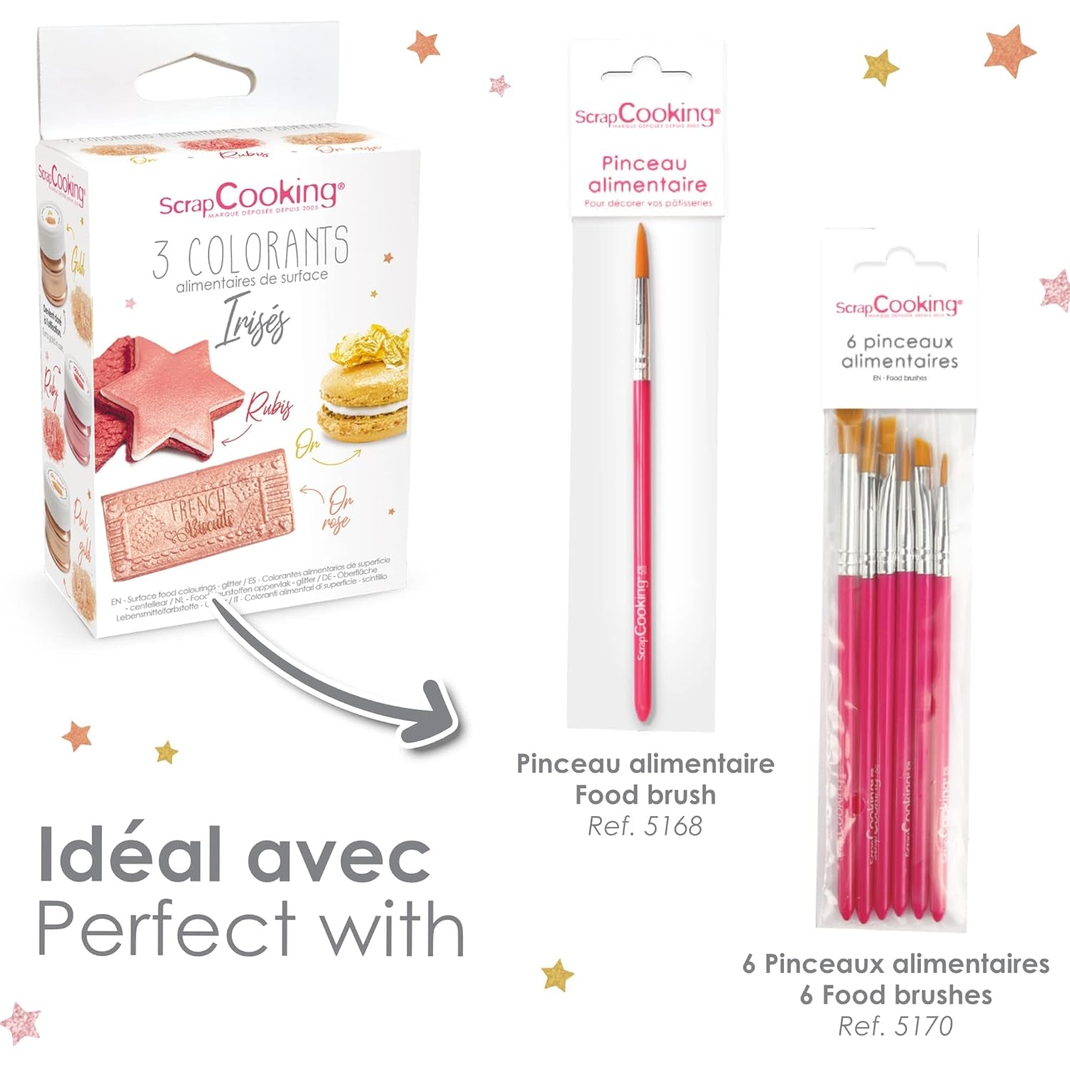 Scrapcooking - Set de 3 coloranți alimentari metalici - Colorant alimentar: auriu, auriu roz și rubin - Colorant alimentar comestibil pentru copt, prăjituri, fursecuri, torturi, ciocolată - 4019