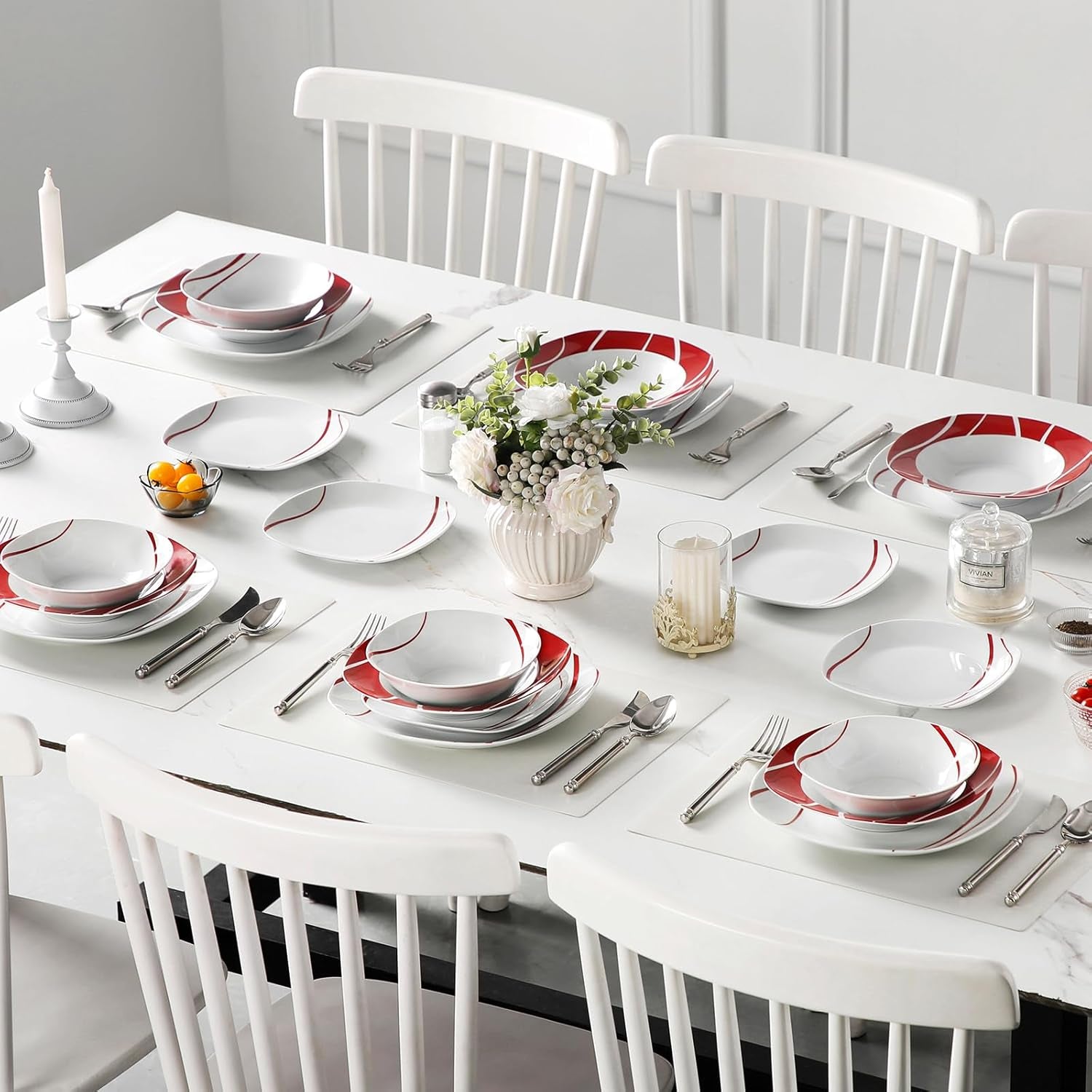 Set de veselă MALACASA pentru 6 persoane, serviciu de masă din porțelan Felisa cu 24 de piese, set de veselă modern cu 6 farfurii de cină, farfurii de desert, farfurii de sumă și boluri, perfect pentru Crăciun și pentru uz zilnic