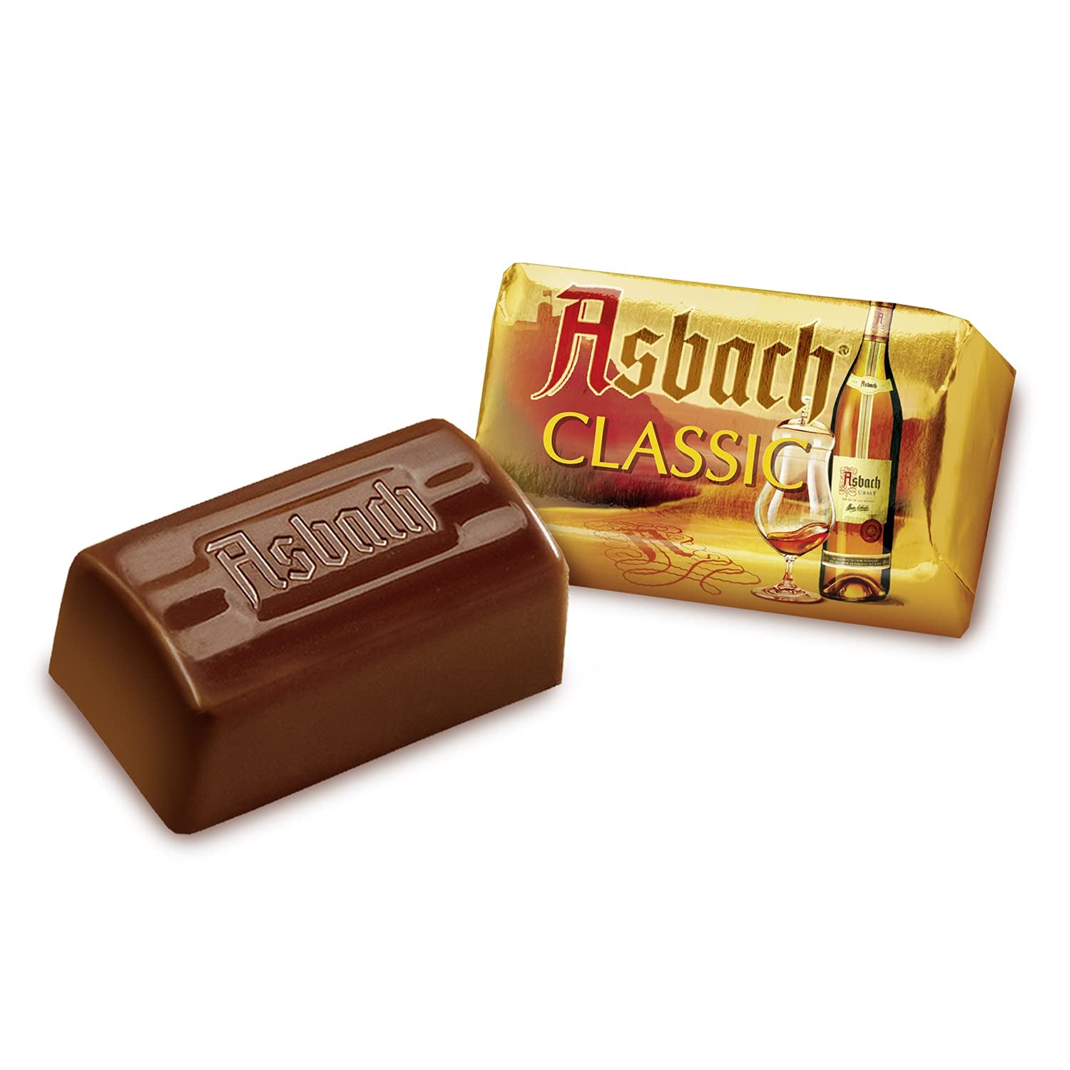 Praline RCP Asbach delicate în sticle cu crustă – 1 x 310 g – Ciocolată neagră cu umplutură Asbach